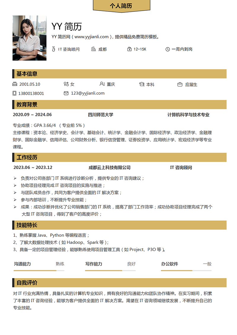 IT咨询顾问个人简历模板 IT咨询顾问个人简历模板