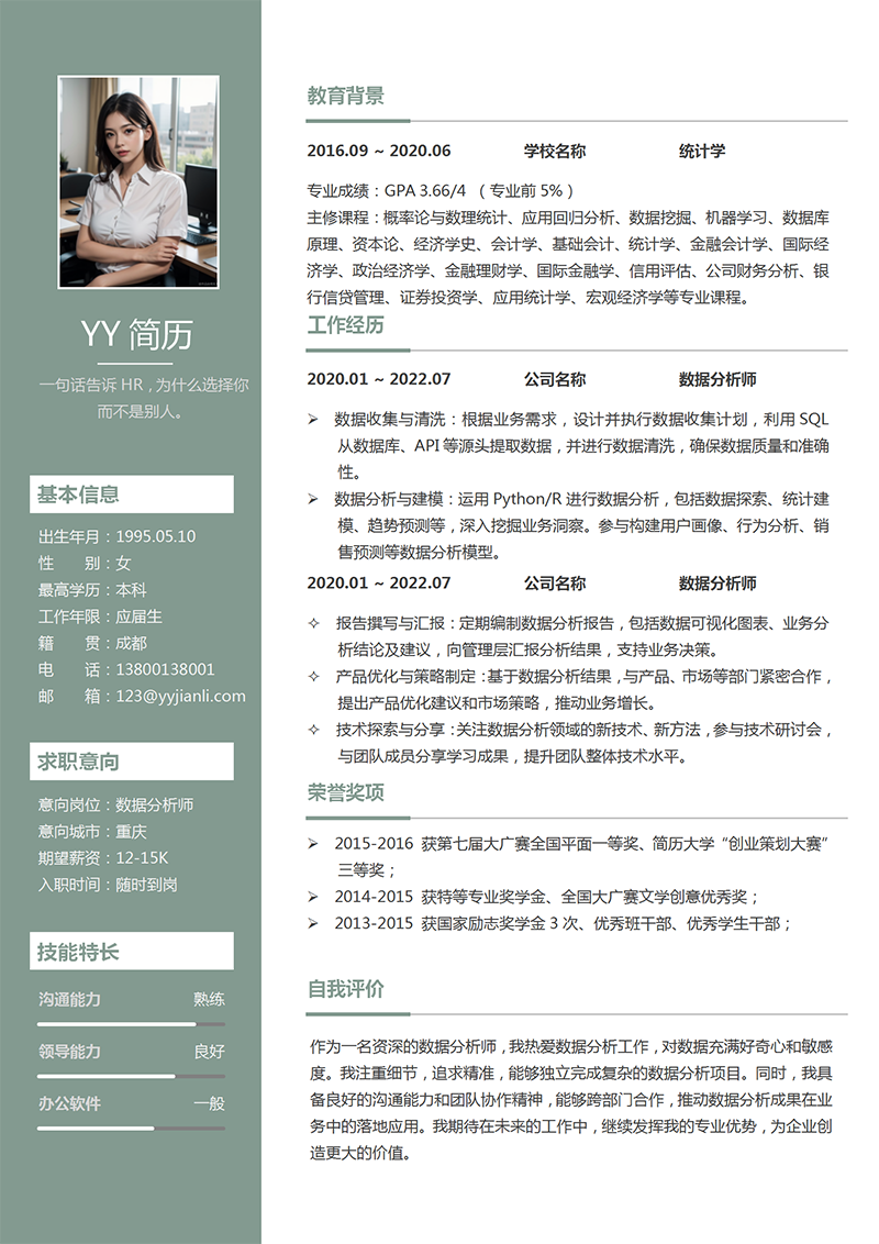YY简历数据分析师简历模板 YY简历数据分析师简历模板