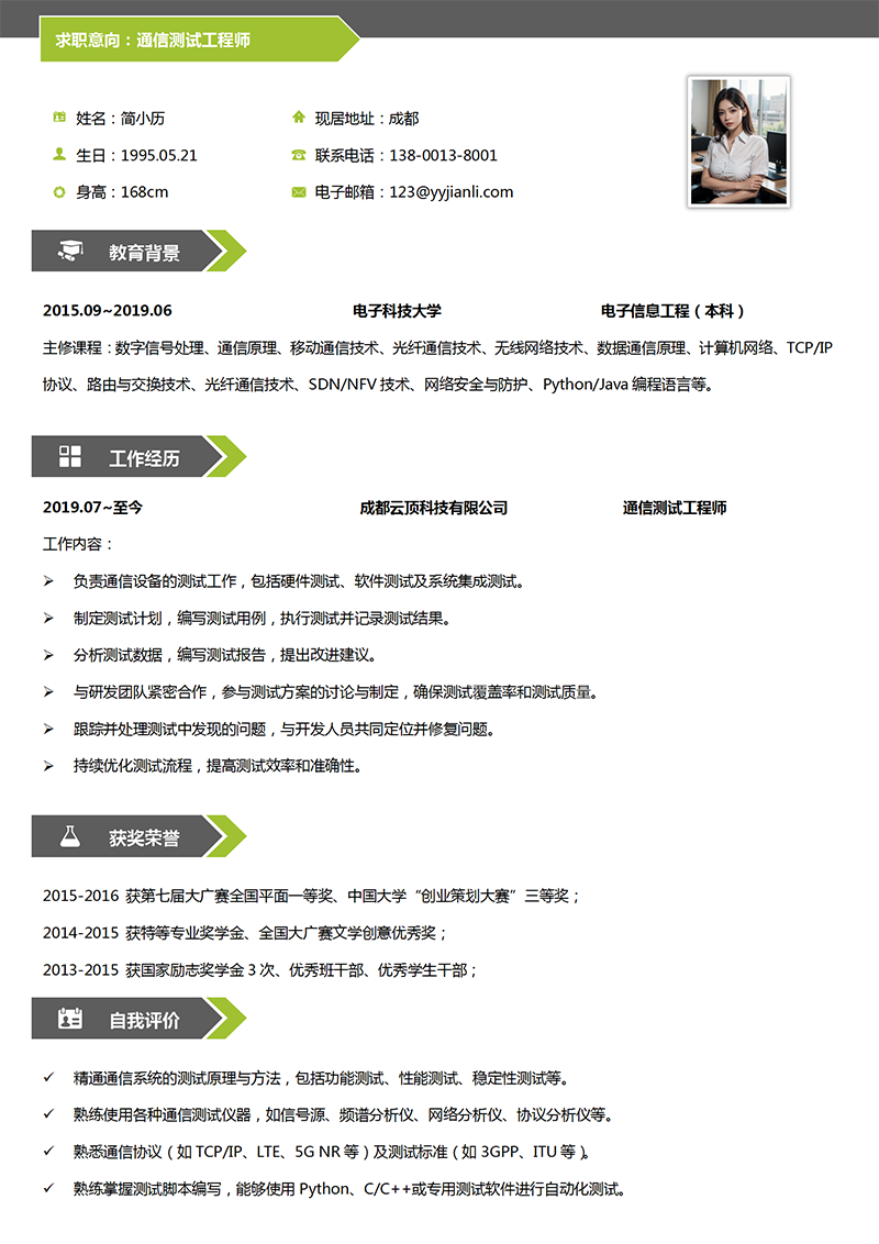 YY简历-通信测试工程师简历模板 YY简历-通信测试工程师简历模板