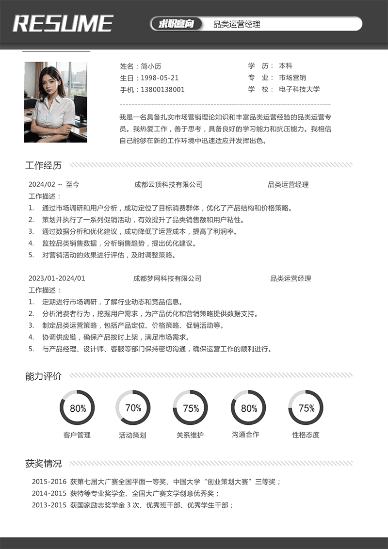 YY简历品类运营经理简历模板 YY简历-品类运营经理简历模板