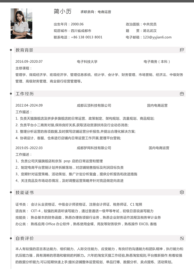 YY简历-国内电商运营简历模板