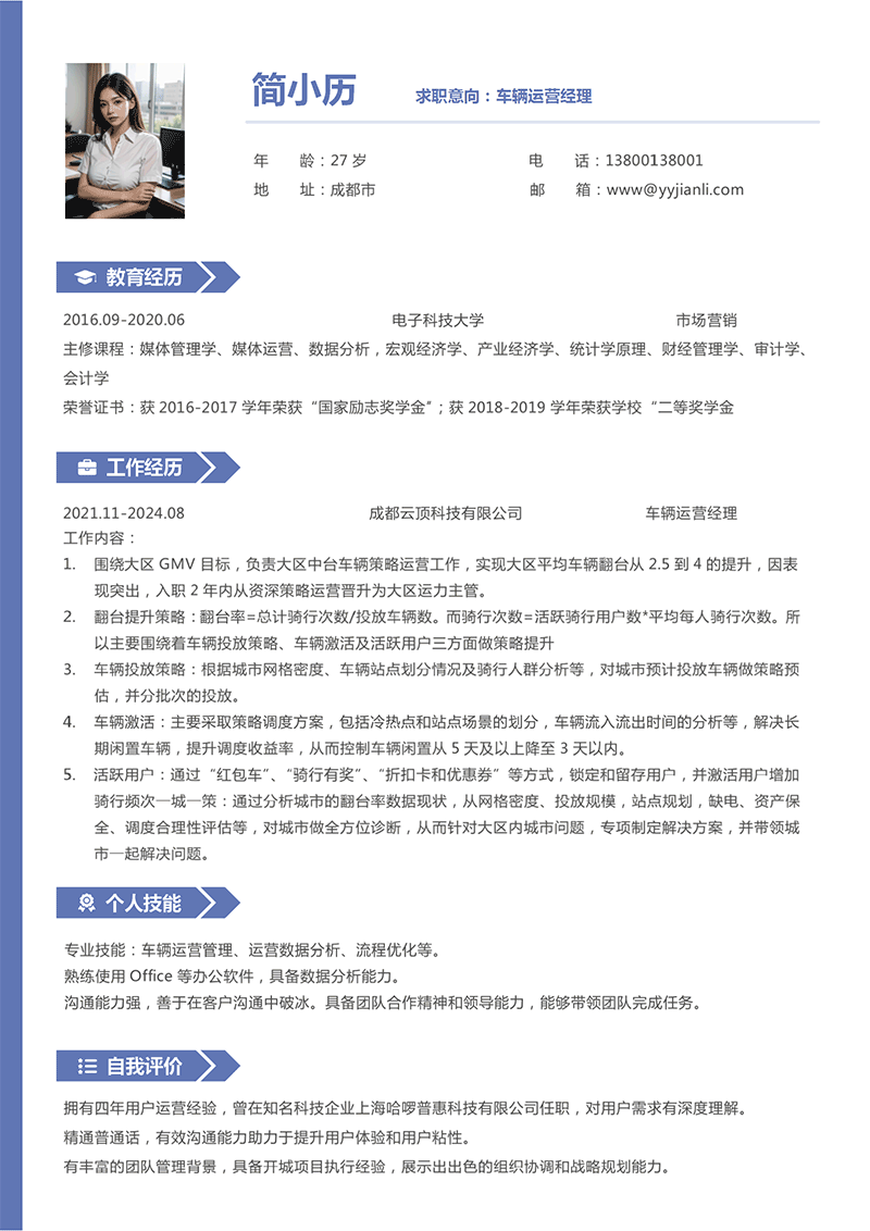 车辆运营经理简历模板 车辆运营经理简历模板
