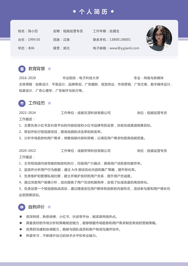 视频运营专员简历模板