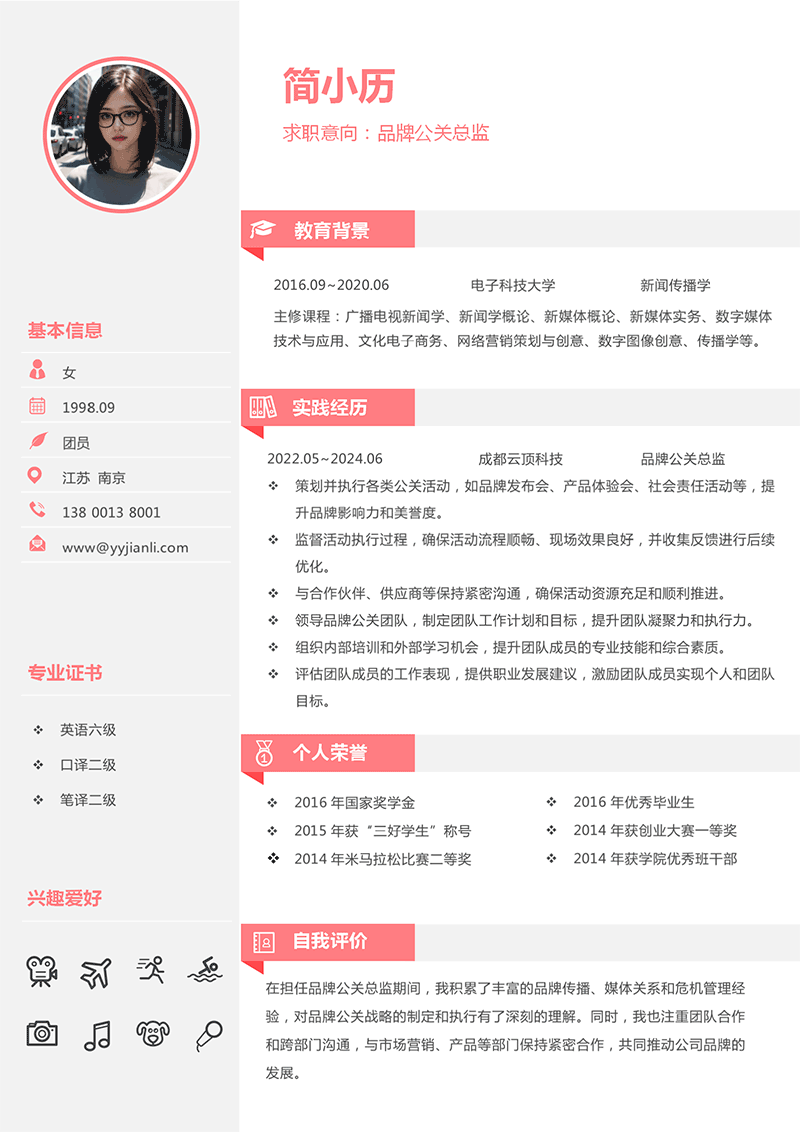 品牌公关总监简历模板